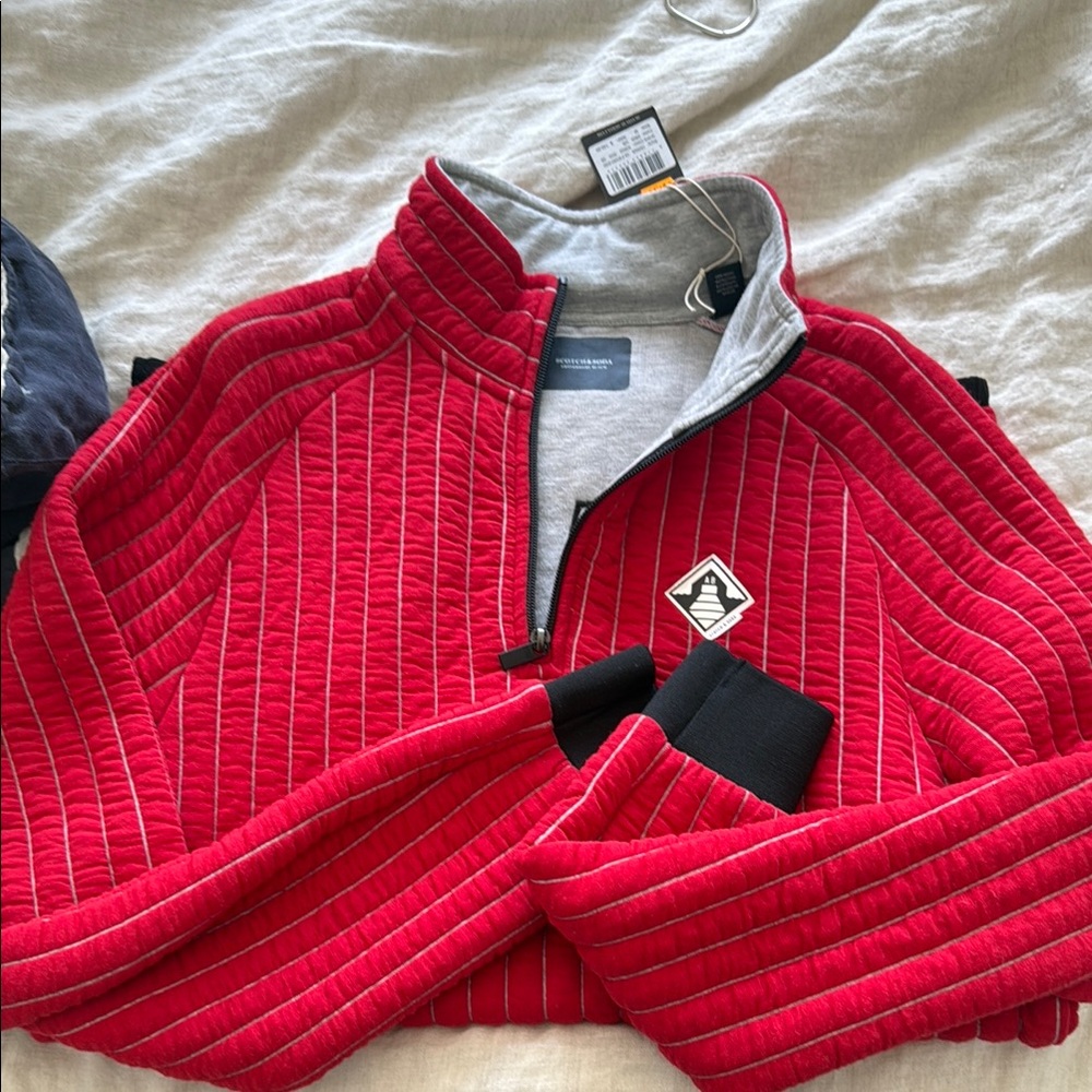 Scotch & Soda Red Zip Up Sweater with Geometric Pattern